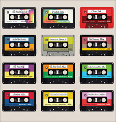 Naklejka premium Pattern with old audio cassettes colorful seamless background