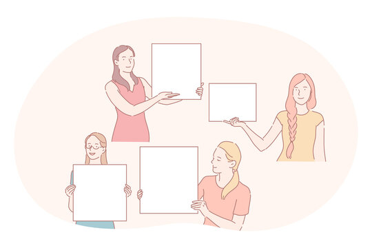 Demonstration, promotion, advertisement concept. Young positive women cartoon characters standing and holding white blank placards with copy space for text and advertising isolated over white