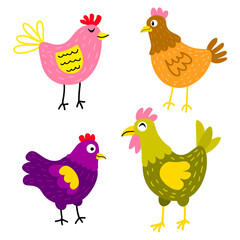 Cartoon chicken and rooster. Bird set in flat style isolated on white background. Farm animals. Vector illustration.