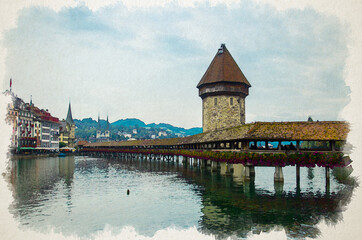 Fototapeta premium Watercolor drawing of View of historic city center of Luzern, Water Tower and wooden Chapel Bridge with blooming flowers on Reuss river, oldest wooden covered bridge in Europe, Luzern, Switzerland