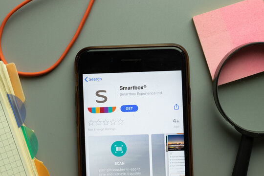 New York, USA - 26 October 2020: Smartbox mobile app logo on phone screen close up, Illustrative Editorial