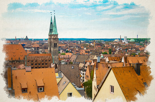 Watercolor drawing of Panoramic view with roofs of historic old city of Nuremberg Nurnberg, Mittelfranken region, Bavaria, Germany