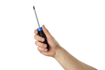 Hand holds screwdriver to repair something. Isolated object on white. Do it yourself