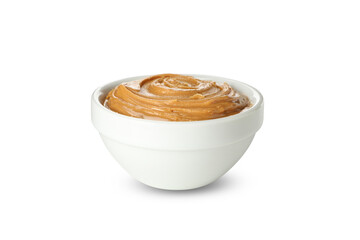 Bowl with peanut butter isolated on white background