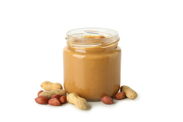 Jar with peanut butter and peanut isolated on white background