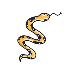 Line art vector contour illustration of yellow cute snake. Funny reptile in minimalistic simple style. Linear zigzag serpent cub isolated on white background