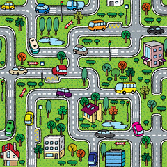 City seamless pattern. Roads with cars background