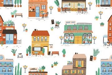 Hand drawn seamless pattern with different cafe, shops and stores. Repeatable background with cute city buildings facades. Backdrop with modern houses exterior. Flat vector cartoon illustration