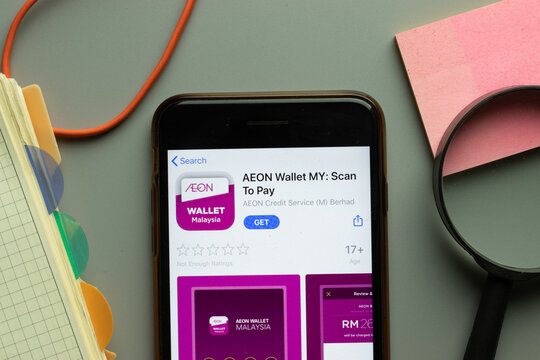 New York, USA - 26 October 2020: AEON Wallet MY Scan to Pay mobile app logo on phone screen close up, Illustrative Editorial