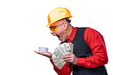 Man holding fan of dollars in one hand and glue tape in other. Male in building hat screaming.