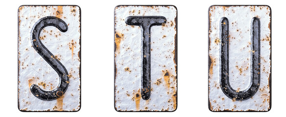 3D render set of capital letters S, T, U made of forged metal on the background fragment of a metal surface with cracked rust.