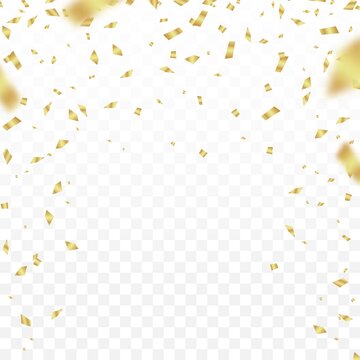 Golden Confetti. Gold Paper Falling Glitter. Vector Birthday Or Christmas Decor. Realistic Shiny Luxury Effect