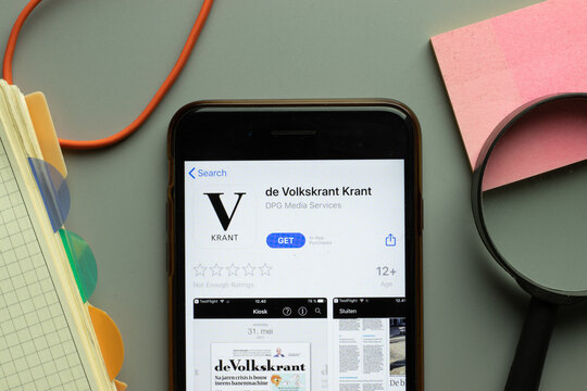 New York, USA - 26 October 2020: de Volkskrant Krant mobile app logo on phone screen close up, Illustrative Editorial