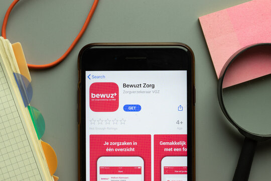 New York, USA - 26 October 2020: Bewuzt Zorg mobile app logo on phone screen close up, Illustrative Editorial