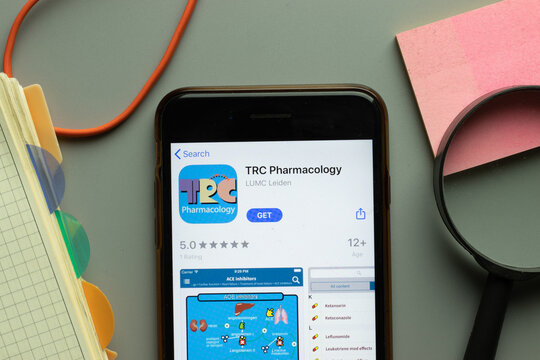 New York, USA - 26 October 2020: TRC Pharmacology mobile app logo on phone screen close up, Illustrative Editorial