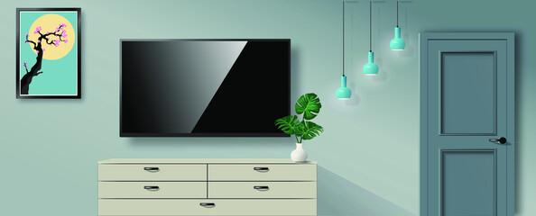 Modern light green shelving with large flat screen TV, lamps, vases, beautiful interior design. Variety of vector graphic templates