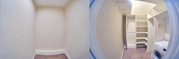 Before and after installation of furniture in dressing room, closets old and new