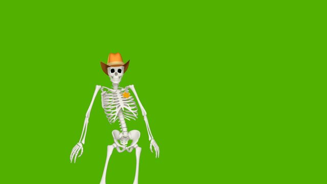 skeleton sheriff with cowboy hat and badge - 3d illustration - green screen