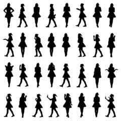 Christmas set of Santa girls with gift, toe walking, greeting or using phone. Easy editable layered vector illustration. 