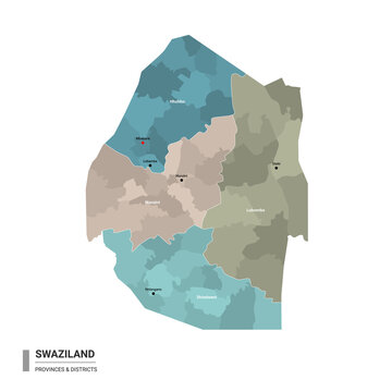 Swaziland ( Eswatini ) higt detailed map with subdivisions. Administrative map of Swaziland ( Eswatini ) with districts and cities name, colored by states and administrative districts. 
