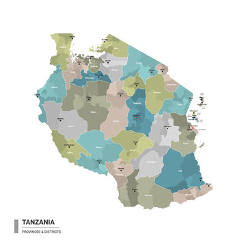 Tanzania higt detailed map with subdivisions. Administrative map of Tanzania with districts and cities name, colored by states and administrative districts. Vector illustration