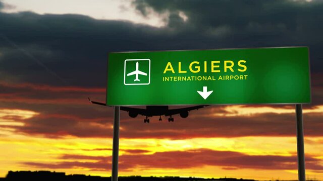 Airplane silhouette landing in Algiers, Algeria. City arrival with airport direction signboard and sunset in background. Trip and transportation concept 3d animation.