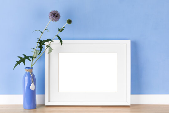 Elegant horizontal white picture frame with matte poster artwork mockup, template for online shop with globe thistle flower in front of pastel blue wall. Blank image area isolated with clipping path.