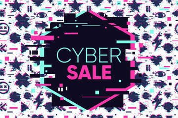 Cyber sale glitch banner. Abstract vector background. Holiday market discount. Business template.