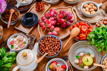 Traditional Georgian sweets and desserts. Baklava, nakhini, khinkali, matzoon, churchkhela, shotis puri or shoti