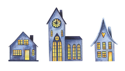 Fototapeta premium Watercolor hand drawn flat houses collection. Cozy home decor elements for Christmas