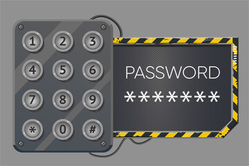 Electronic lock with password. Access control device. Sign window cyberpunk style. Account login vector background.