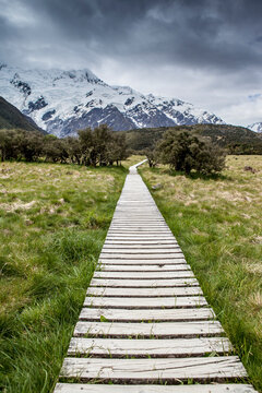 A walkway through a mountain region, near Mount Cook. 