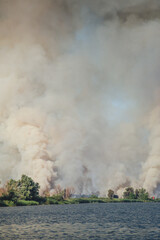 Fototapeta na wymiar Large clouds of smoke, fire in nature.