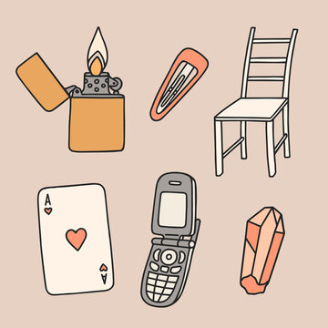 Hand drawn set of random objects. Aesthetic sticker pack. Vector illustrations in retro style.