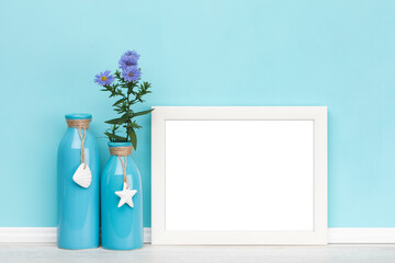 poster artwork online shop background mockup template with white wooden horizontal picture frame...