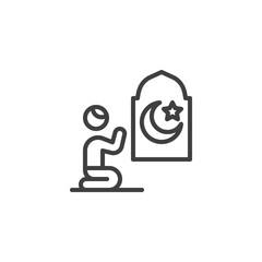 Muslim man praying in mosque line icon. linear style sign for mobile concept and web design. Man praying at night outline vector icon. Symbol, logo illustration. Vector graphics