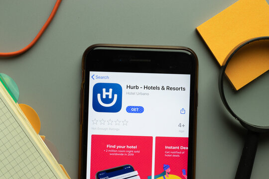 New York, USA - 26 October 2020: Hurb Hotels Resorts mobile app logo on phone screen close up, Illustrative Editorial