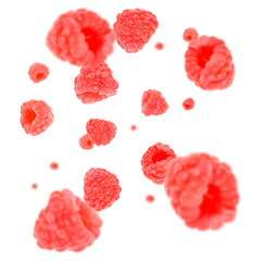 Many raspberries free falling on white background. Selective focus - shallow depth of field.