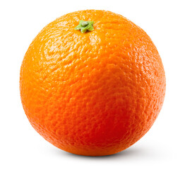 Orange fruit isolate. Orange citrus on white background. Whole one orange fruit. Clipping path. Full depth of field.