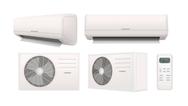 Air conditioner 3d vector illustration in realistic style. Air condition split system set isolated on white background. Home cooler with remote control