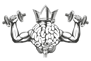 brain and crown with strong hands, brain training, icon cartoon hand drawn vector illustration sketch