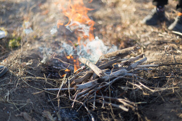 cooking on an open fire. Frying food over a bonfire on a wooden branch - pricking spears in nature. Close-up of a hand. The scouts are preparing lunch.