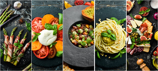 Collage of food and dishes of meat, fish and vegetables.