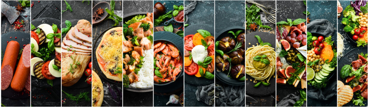 Photo collage. Set of food and dishes on black stone background.