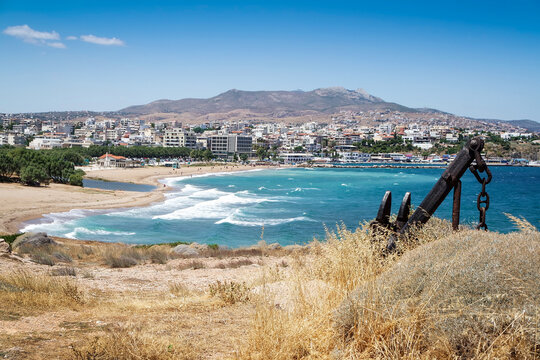 view to the beach and port of Rafina city in Greece