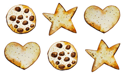 Watercolor Christmas cookie illustration on a white background. Hand-drawn watercolor set new year's cookies. Christmas background. Isolate. Watercolor texture.