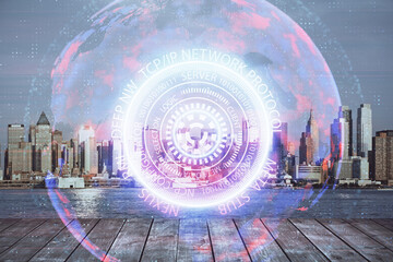 Double exposure of technology theme hologram and cityscape background. Concept of Hightech.