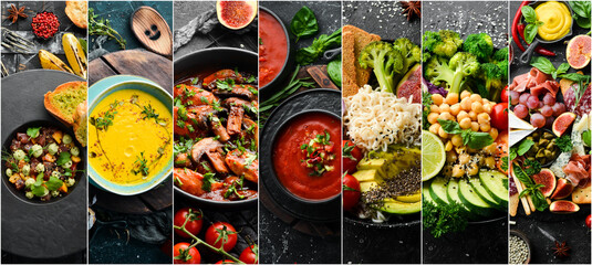 Set of photo dishes. Set of food cuisines of peoples of the world. Dishes and snacks on black stone background.
