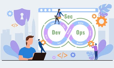 Vector illustration of DevSecOps methodology of a secure software development process works. Cybersecurity concept.