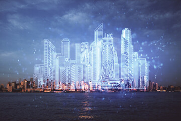 Double exposure of buildings hologram over cityscape background. Concept of smart city.